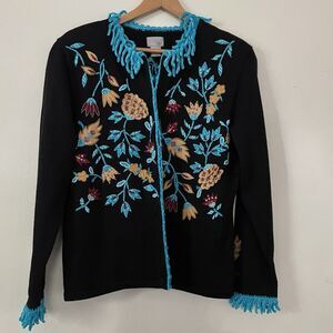 Vintage Berek Knit Cardigan XL Floral Embroidered Chenille Fringe Cottage Glam